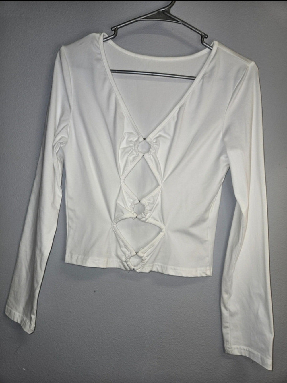 Women's White Long-Sleeve V-Neck Front Cutout Top
